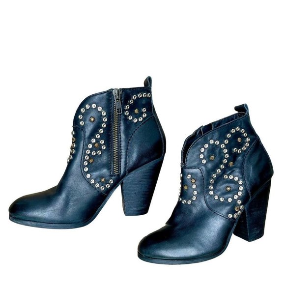 STEVE MADDEN Awsum Black Silver Studded Heeled Ankle Boho Leather Booties 6 - Picture 4 of 7
